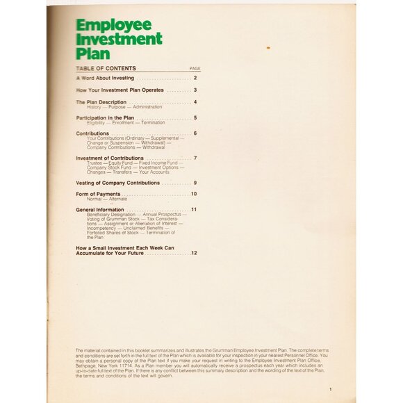 Grumman Employee Investment Plan Booklet 1970s 12pp Avg Wear, Green Cover - Picture 2 of 9